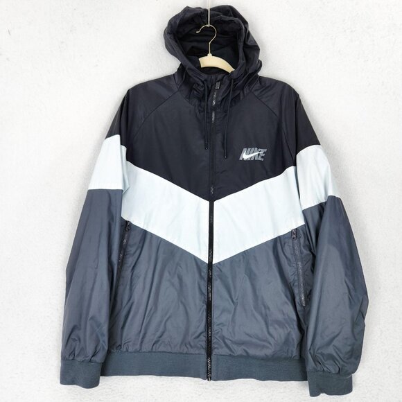 Nike Jacket Mens XL Black Gray Colorblock Hooded Windrunner Windbreaker Full Zip - Picture 1 of 14